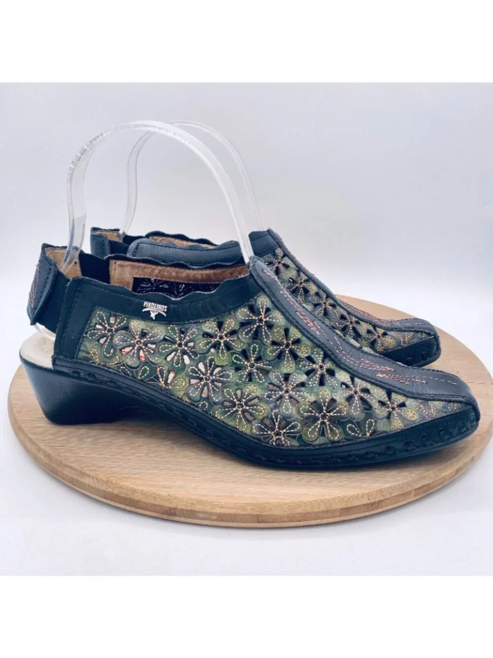 Pikolinos Shoes Womens 7.5 38 Black Green Leather Perforated Slingback Bootie
